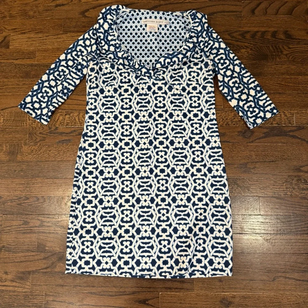 Gretchen Scott, Preppy Ruffle Neck Navy & White Geometric Shift Dress, Size S - Picture 4 of 14